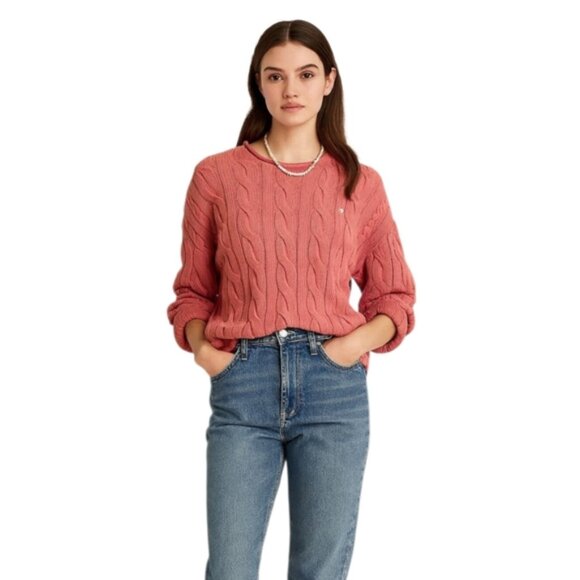 Ralph Lauren Ash Wash Faded Vintage Pink Berry Cable Knit Crewneck Sweater - Picture 1 of 15